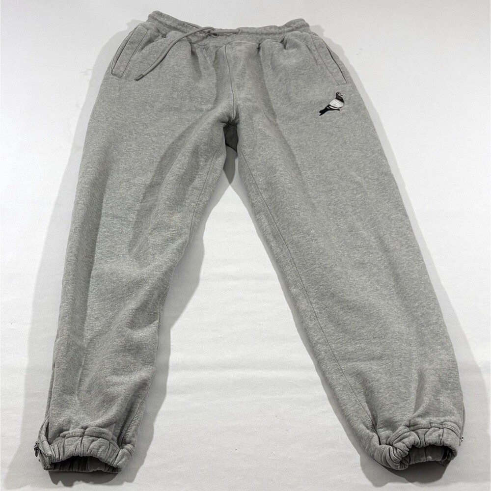 Staple Pigeon Gray Embroidered Fleece Sweatpants Joggers Zip Ankles Casual Sz L